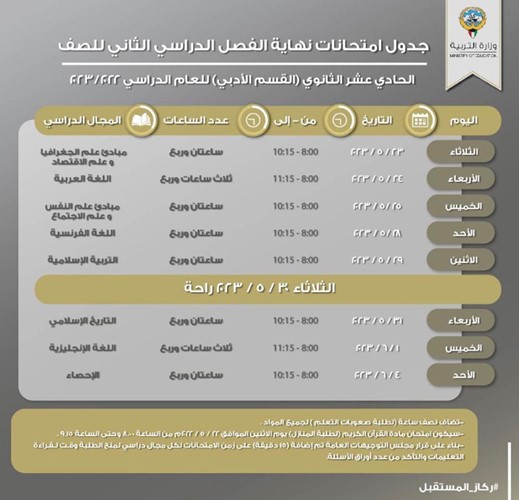 تعديل مواعيد اختبارات نهاية العام للمرحلة المتوسطة والصفين العاشر والحادي عشر لتبدأ من 23 مايو الحالي وتنتهي 4 يونيو القادم